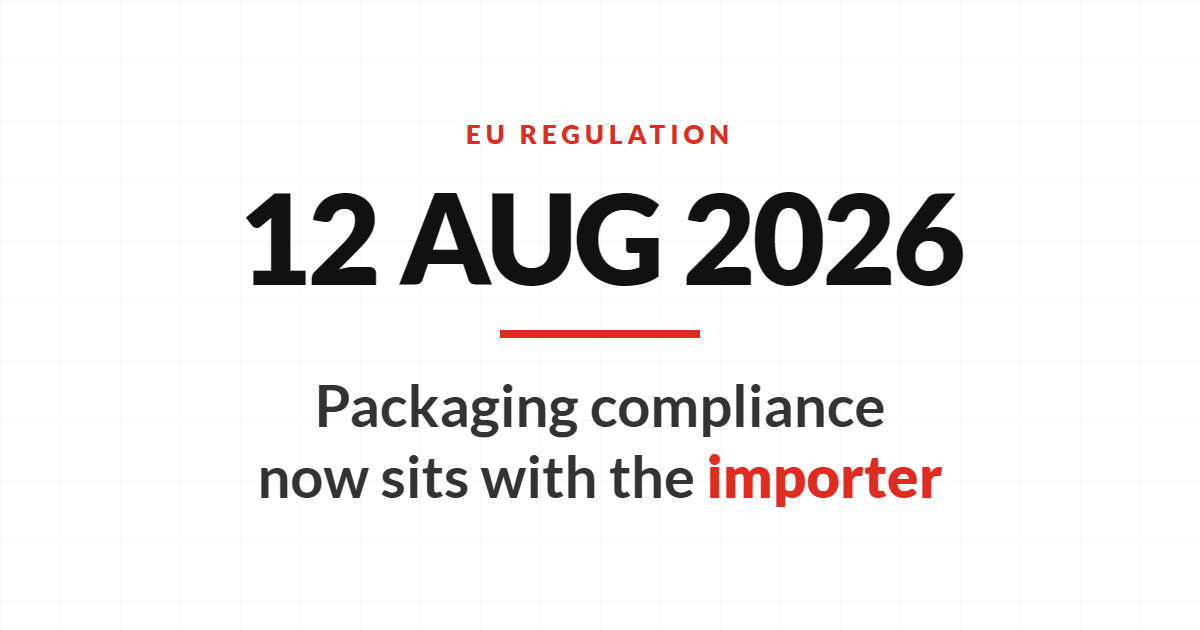 PPWR regulation banner: packaging compliance obligations pass to the importer from 12 August 2026